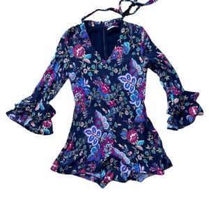 Alice + Olivia Floral Romper Navy Multicolor Long Sleeve Tie Neck Designer
